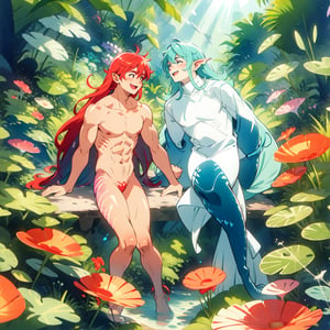  ((best quality)), ((masterpiece)), (detailed), ((perfect face)), male, two happy mermen are swimming, two merfolks, adult, long hair, lean and muscular body, finned ears, fins, tail glows slightly with luminous scales, very long mermaid tails, bioluminescent, markings along his body,watercolor, multicolor, perfect light