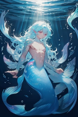 ((best quality)), ((masterpiece)), (detailed),  ((perfect face)), male, sharp eyes, mermen are swimming, merfolks, lean and muscular body, Long finned ears, fins, tail glows slightly with luminous scales, mermaid tail, bioluminescent, markings along his body,watercolor,perfect light,<lora:659111690174031528:1.0>