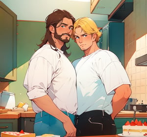 two men (two male), the one man has dark brown (dark hair) long hair, the other man character has short blond hair, blue eyes, they are eating cake, comfortable kitchen, motning, light color predominates, mature, handsome, 
 charming, alluring, affectionate eyes, lookat viewer, (perfect anatomy), perfect proportions, best quality, masterpiece, high_resolution, Dutch angle, cowboy shot, kitchen background,tanigaki,watercolor