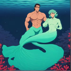 ((best quality)), ((masterpiece)), (detailed), ((perfect face)), male, broad shouldered men, adult, european handsome faces, ((two mermen)), two cheerful mermen are swimming, two merfolks, full bodies, adult, lean and huge muscular body, finned ears, fins, tail glows slightly with luminous scales, very long mermaid tails, bioluminescent, markings along his body, bright saturated, multicolor, coloring in anime style, interesting seascape, fish, corals, beautiful turquoise clear water, light penetrating through the water, perfect light, anime,memcho,<lora:659095807385103906:1.0>