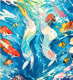 ((best quality)), ((masterpiece)), (detailed), ((perfect face)), male, broad shouldered men, european handsome faces, ((two mermen)), two cheerful mermen are swimming, full bodies, adult, long hair, lean and huge muscular body, finned ears, fins, tail glows slightly with luminous scales, very long mermaid tails, bioluminescent, markings along his body, bright saturated watercolor, multicolor, coloring in anime style, interesting seascape, fish, corals, beautiful turquoise clear water,<lora:659111690174031528:1.0>