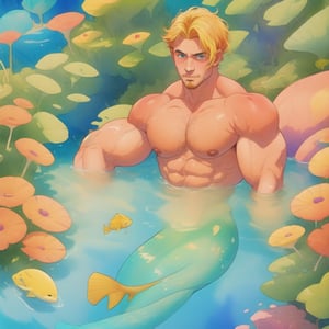 mermaid men are swimming in blue water, mature, handsome, muscle, beefy, masculine, charming, alluring, affectionate eyes, lookat viewer, (perfect anatomy), perfect proportions, best quality, masterpiece, high_resolution, Dutch angle, cowboy shot, watercolor