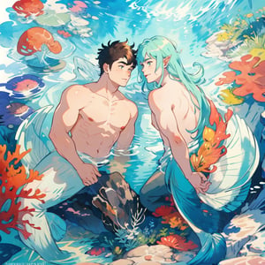 ((best quality)), ((masterpiece)), (detailed), ((perfect face)), male, broad shouldered men, european handsome faces, ((two mermen)), two cheerful mermen are swimming, full bodies, adult, long hair, lean and huge muscular body, finned ears, fins, tail glows slightly with luminous scales, very long mermaid tails, bioluminescent, markings along his body, bright saturated watercolor, multicolor, coloring in anime style, interesting seascape, fish, corals, beautiful turquoise clear water, light penetrating through the water, perfect light,watercolor