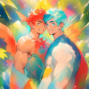  ((best quality)), ((masterpiece)), (detailed), ((perfect face)), male, two happy mermen are swimming, two merfolks, adult, long hair, lean and muscular body, finned ears, fins, tail glows slightly with luminous scales, very long mermaid tails, bioluminescent, markings along his body,watercolor, multicolor, perfect light,Pencil,nijimale