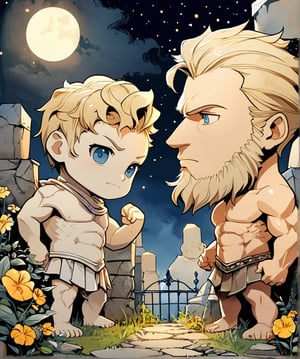 two men characters of the same height, two male, 1man and 1man are near each other, one man has dark brown long hair, the man character has short blond hair, blue eyes, clothing toga, mature, handsome, muscule, mature, muscular, beefy, masculine, charming, alluring,  affectionate eyes, lookat viewer, (perfect anatomy), perfect proportions, best quality, in the garden of statues, colours of stones, in the evening, they are surrounded by the ruined remains of stone fences, next to them there is a beautiful marble white antique sculpture, no greenery, dark evening lighting, masterpiece, high_resolution, dutch angle, cowboy shot, garden of statues background, watercolor,man,muscular_female,bigger_female,looking at the viewer,large_muscles,Lewis Smith,rudeus_greyrat,chibi,comic book,Emote Chibi,portraitart