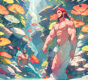 ((best quality)), ((masterpiece)), (detailed), ((perfect face)), male, broad shouldered men, adult, european handsome faces, ((two mermen)), two cheerful mermen are swimming, two merfolks, full bodies, adult, long hair, lean and huge muscular body, finned ears, fins, tail glows slightly with luminous scales, very long mermaid tails, bioluminescent, markings along his body, bright saturated, multicolor, coloring in anime style, interesting seascape, fish, corals, beautiful turquoise clear water, light penetrating through the water, perfect light, anime,<lora:659111690174031528:1.0>
