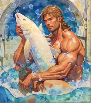 two men characters of the same height, two male, 1man and 1man are in the bath in the water, there is foam on the water and there is a lot of foam around, rainbow soap bubbles are flying, white color predominates, the one man has dark brown long hair, the other man character has short blond hair, blue eyes, no clothing, mature, handsome, muscle, mature, muscular , beefy, masculine, charming, alluring, affectionate eyes, lookat viewer, (perfect anatomy), perfect proportions, best quality, in the bathroom, white colors, in the morning, they are surrounded by soap foam, masterpiece, high_resolution, Dutch angle, cowboy shot, garden of statues background, watercolor, soft linear,Dreamscape,watercolor \(medium\),beard (optional),N1njaScroll