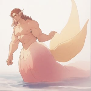 ((best quality)), ((masterpiece)), (detailed), ((perfect face)), male, full bodies, broad shouldered men, huge muscular, european handsome face, two cheerful mermen are swimming, two merfolks, adult, long hair, lean and muscular body, finned ears, fins, tail glows slightly with luminous scales, very long mermaid tails, bioluminescent, markings along his body,watercolor, multicolor, perfect light