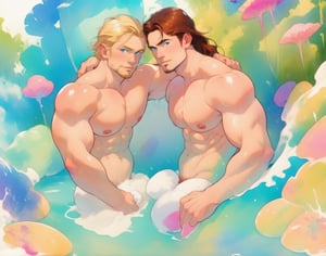 two men (two male), the one man has dark brown (dark hair) long hair, the other man character has short blond hair, blue eyes, they are in the bath in the water, there is foam on the water and there is a lot of foam around, rainbow soap bubbles are flying, white color predominates, no clothing, mature, handsome, muscle, mature, muscular , beefy, masculine, charming, alluring, affectionate eyes, lookat viewer, (perfect anatomy), perfect proportions, best quality, in the bathroom, in the morning, they are surrounded by soap foam, masterpiece, high_resolution, Dutch angle, cowboy shot, bathroom background,watercolor