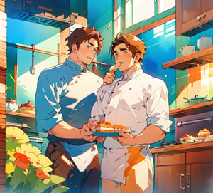 two men (two male), the one man has dark brown (dark hair) long hair, the other man character has short blond hair, blue eyes, they are eating cake, comfortable kitchen, motning, light color predominates, mature, handsome, 
 charming, alluring, affectionate eyes, lookat viewer, (perfect anatomy), perfect proportions, best quality, masterpiece, high_resolution, Dutch angle, cowboy shot, kitchen background,tanigaki,watercolor