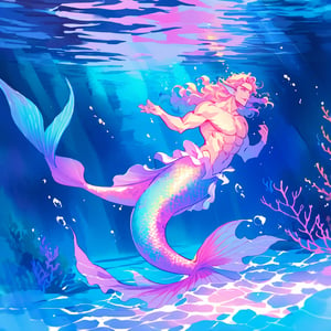 ((best quality)), ((masterpiece)), (detailed), ((perfect face)), male, broad shouldered men, adult, european handsome faces, ((two mermen)), two cheerful mermen are swimming, two merfolks, full bodies, adult, long hair, lean and huge muscular body, finned ears, fins, tail glows slightly with luminous scales, very long mermaid tails, bioluminescent, markings along his body, bright saturated, multicolor, coloring in anime style, interesting seascape, fish, corals, beautiful turquoise clear water, light penetrating through the water, perfect light, anime,watercolor