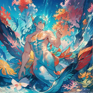 ((best quality)), ((masterpiece)), (detailed), ((perfect face)), male, broad shouldered men, european handsome faces, ((two mermen)), two cheerful mermen are swimming, full bodies, adult, long hair, lean and huge muscular body, finned ears, fins, tail glows slightly with luminous scales, very long mermaid tails, bioluminescent, markings along his body, bright saturated watercolor, multicolor, coloring in anime style, interesting seascape, fish, corals, beautiful turquoise clear water, light penetrating through the water, perfect light,watercolor