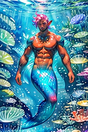 ((best quality)), ((masterpiece)), (detailed),  ((perfect face)), male, mermen are swimming, merfolks, lean and muscular body, Long finned ears, fins, tail glows slightly with luminous scales, mermaid tail, bioluminescent, markings along his body,watercolor,perfect light,<lora:659111690174031528:1.0>,<lora:659111690174031528:1.0>