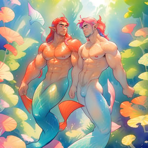  ((best quality)), ((masterpiece)), (detailed), ((perfect face)), male, two mermen are swimming, two merfolks, adult, long hair, lean and muscular body, finned ears, fins, tail glows slightly with luminous scales, very long mermaid tails, bioluminescent, markings along his body,watercolor, multicolor, perfect light,ClrSkt