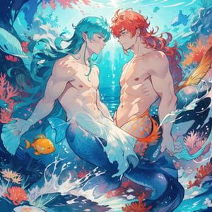 ((best quality)), ((masterpiece)), (detailed), ((perfect face)), male, broad shouldered men, european handsome faces, ((two mermen)), two cheerful mermen are swimming, full bodies, adult, long hair, lean and huge muscular body, finned ears, fins, tail glows slightly with luminous scales, very long mermaid tails, bioluminescent, markings along his body, bright saturated watercolor, multicolor, coloring in anime style, interesting seascape, fish, corals, beautiful turquoise clear water, light penetrating through the water, perfect light,watercolor