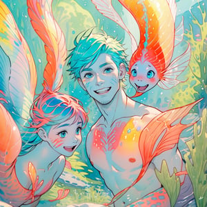 ((best quality)), ((masterpiece)), (detailed), ((perfect face)), male, two cheerful mermen are swimming, two merfolks, adult, long hair, lean and muscular body, finned ears, fins, tail glows slightly with luminous scales, very long mermaid tails, bioluminescent, markings along his body,watercolor, multicolor, perfect light,rokudenashi