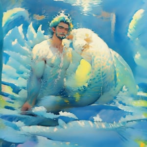 mermaid men are swimming in blue water, mature, handsome, muscle, beefy, masculine, charming, alluring, affectionate eyes, lookat viewer, (perfect anatomy), perfect proportions, best quality, masterpiece, high_resolution, Dutch angle, cowboy shot, watercolor,mermaid,aacoco,hmnl,siren_core, Oil painting