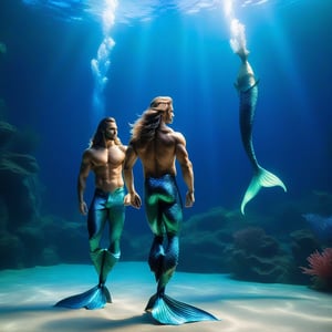 ((best quality)), ((masterpiece)), (detailed), ((perfect face)), full body shot of two adult male mermen, European handsome faces, huge muscular bodies, long hair, lean and muscular, finned ears, fins, very long mermaid tails that glow slightly with luminous scales, swimming cheerfully in a serene underwater setting with dynamic lighting and composition.