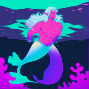 ((best quality)), ((masterpiece)), (detailed), ((perfect face)), male, broad shouldered men, european handsome faces, ((two mermen)), two cheerful mermen are swimming, two merfolks, full bodies, adult, long hair, lean and huge muscular body, finned ears, fins, tail glows slightly with luminous scales, very long mermaid tails, bioluminescent, markings along his body, bright saturated, multicolor, coloring in anime style, interesting seascape, fish, corals, beautiful turquoise clear water, light penetrating through the water, perfect light,,<lora:659095807385103906:1.0>