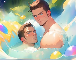 two men (two male), the one man has dark brown (dark hair) long hair, the other man character has short blond hair, blue eyes, they are in the bath in the water, there is foam on the water and there is a lot of foam around, rainbow soap bubbles are flying, white color predominates, no clothing, mature, handsome, muscle, mature, muscular , beefy, masculine, charming, alluring, affectionate eyes, lookat viewer, (perfect anatomy), perfect proportions, best quality, in the bathroom, in the morning, they are surrounded by soap foam, masterpiece, high_resolution, Dutch angle, cowboy shot, bathroom background,watercolor,Dreamscape,tanigaki