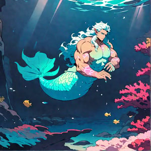 ((best quality)), ((masterpiece)), (detailed), ((perfect face)), male, broad shouldered men, european handsome faces, ((two mermen)), two cheerful mermen are swimming, two merfolks, full bodies, adult, long hair, lean and huge muscular body, finned ears, fins, tail glows slightly with luminous scales, very long mermaid tails, bioluminescent, markings along his body, bright saturated, multicolor, coloring in anime style, interesting seascape, fish, corals, beautiful turquoise clear water, light penetrating through the water, perfect light,