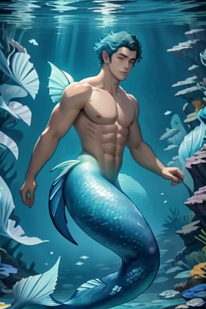 ((best quality)), ((masterpiece)), (detailed),  ((perfect face)), male, mermen are swimming, merfolks, lean and muscular body, Long finned ears, fins, tail glows slightly with luminous scales, mermaid tail, bioluminescent, markings along his body,watercolor,perfect light,,<lora:659111690174031528:1.0>