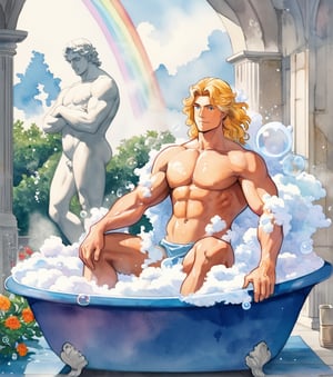 two men characters of the same height, two male, 1man and 1man are in the bath in the water, there is foam on the water and there is a lot of foam around, rainbow soap bubbles are flying, white color predominates, one man has dark brown long hair, the man character has short blond hair, blue eyes, no clothing, mature, handsome, muscle, mature, muscular , beefy, masculine, charming, alluring, affectionate eyes, lookat viewer, (perfect anatomy), perfect proportions, best quality, in the bathroom, white colors, in the morning, they are surrounded by soap foam, masterpiece, high_resolution, Dutch angle, cowboy shot, garden of statues background, watercolor, soft linear