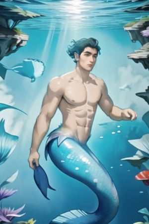 ((best quality)), ((masterpiece)), (detailed),  ((perfect face)), male, mermen are swimming, merfolks, lean and muscular body, Long finned ears, fins, tail glows slightly with luminous scales, mermaid tail, bioluminescent, markings along his body,watercolor,perfect light, wonderful background,<lora:659111690174031528:1.0>