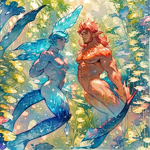 ((best quality)), ((masterpiece)), (detailed),  ((perfect face)), male,  two mermen are swimming, two merfolks, lean and muscular body, finned ears, fins, tail glows slightly with luminous scales, very long mermaid tail, bioluminescent, markings along his body,watercolor,perfect light,<lora:659111690174031528:1.0>,<lora:659111690174031528:1.0>