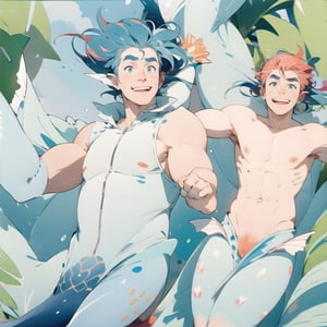 ((best quality)), ((masterpiece)), (detailed), ((perfect face)), male, two cheerful mermen are swimming, two merfolks, adult, long hair, lean and muscular body, finned ears, fins, tail glows slightly with luminous scales, very long mermaid tails, bioluminescent, markings along his body,watercolor, multicolor, perfect light