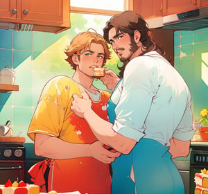 two men (two male), the one man has dark brown (dark hair) long hair, the other man character has short blond hair, blue eyes, they are eating cake, comfortable kitchen, motning, light color predominates, mature, handsome, 
 charming, alluring, affectionate eyes, lookat viewer, (perfect anatomy), perfect proportions, best quality, masterpiece, high_resolution, Dutch angle, cowboy shot, kitchen background,tanigaki,watercolor