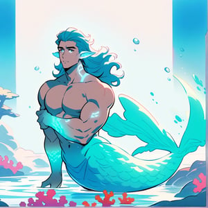 ((best quality)), ((masterpiece)), (detailed), ((perfect face)), male, broad shouldered men, european handsome faces, ((two mermen)), two cheerful mermen are swimming, two merfolks, full bodies, adult, long hair, lean and huge muscular body, finned ears, fins, tail glows slightly with luminous scales, very long mermaid tails, bioluminescent, markings along his body, bright saturated, multicolor, coloring in anime style, interesting seascape, fish, corals, beautiful turquoise clear water, light penetrating through the water, perfect light