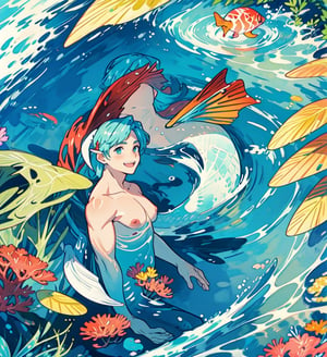 ((best quality)), ((masterpiece)), (detailed), ((perfect face)), male, broad shouldered men, european handsome faces, ((two mermen)), two cheerful mermen are swimming, full bodies, adult, long hair, lean and huge muscular body, finned ears, fins, tail glows slightly with luminous scales, very long mermaid tails, bioluminescent, markings along his body, bright saturated watercolor, multicolor, coloring in anime style, interesting seascape, fish, corals, beautiful turquoise clear water,<lora:659111690174031528:1.0>