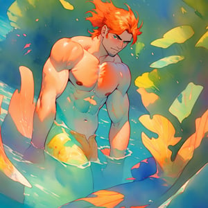 mermen are swimming in blue water, mature, handsome, muscle, masculine, charming, alluring, affectionate eyes, lookat viewer, (perfect anatomy), perfect proportions, best quality, masterpiece, high_resolution, Dutch angle, cowboy shot, watercolor