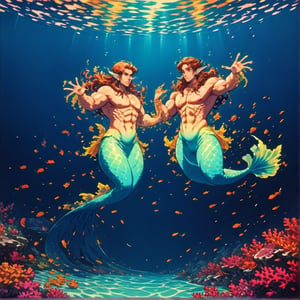 ((best quality)), ((masterpiece)), (detailed), ((perfect face)), male, broad shouldered men, european handsome faces, ((two mermen)), two cheerful mermen are swimming, two merfolks, full bodies, adult, long hair, lean and huge muscular body, finned ears, fins, tail glows slightly with luminous scales, very long mermaid tails, bioluminescent, markings along his body, bright saturated, multicolor, coloring in anime style, interesting seascape, fish, corals, beautiful turquoise clear water, light penetrating through the water, perfect light,animeart,<lora:659095807385103906:1.0>,<lora:659095807385103906:1.0>