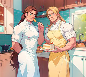 two men (two male), the one man has dark brown (dark hair) long hair, the other man character has short blond hair, blue eyes, they are eating cake, comfortable kitchen, motning, light color predominates, mature, handsome, 
 charming, alluring, affectionate eyes, lookat viewer, (perfect anatomy), perfect proportions, best quality, masterpiece, high_resolution, Dutch angle, cowboy shot, kitchen background, ghibli coloring style