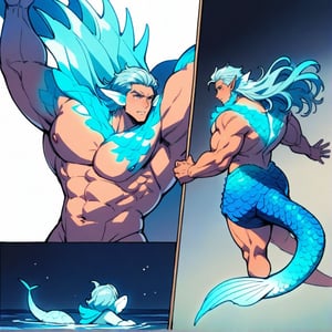 ((best quality)), ((masterpiece)), (detailed), ((perfect face)), male, broad shouldered men, european handsome faces, two cheerful mermen are swimming, two merfolks, full bodies, adult, long hair, lean and huge muscular body, finned ears, fins, tail glows slightly with luminous scales, very long mermaid tails, bioluminescent, markings along his body,watercolor, multicolor, perfect light,ani_booster,comic book