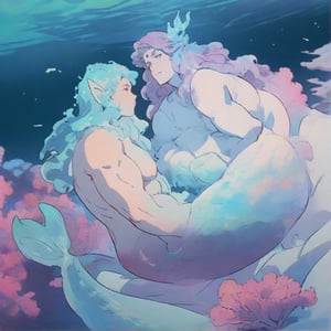 ((best quality)), ((masterpiece)), (detailed), ((perfect face)), male, broad shouldered men, european handsome faces, ((two mermen)), two cheerful mermen are swimming, two merfolks, full bodies, adult, long hair, lean and huge muscular body, finned ears, fins, tail glows slightly with luminous scales, very long mermaid tails, bioluminescent, markings along his body, bright saturated watercolor, multicolor, coloring in anime style, interesting seascape, fish, corals, beautiful turquoise clear water, light penetrating through the water, perfect light