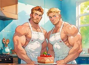 two men (two male), the one man has dark brown long hair, the other man character has short blond hair, blue eyes, they are eating cake, comfortable kitchen, motning, light color predominates, mature, handsome, muscle, mature, muscular, beefy, masculine, charming, alluring, affectionate eyes, lookat viewer, (perfect anatomy), perfect proportions, best quality, white colors, masterpiece, high_resolution, Dutch angle, cowboy shot, kitchen background, watercolor, soft linear, simple colors, no shadows, no shading, black contour line