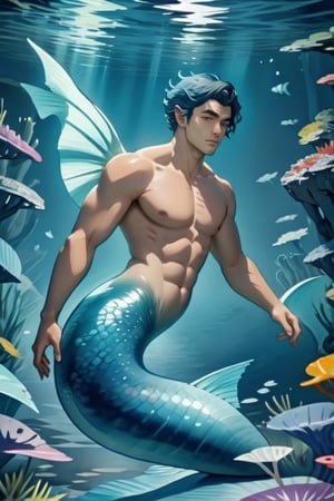 ((best quality)), ((masterpiece)), (detailed),  ((perfect face)), male, mermen are swimming, merfolks, lean and muscular body, Long finned ears, fins, tail glows slightly with luminous scales, mermaid tail, bioluminescent, markings along his body,watercolor,perfect light,,<lora:659111690174031528:1.0>