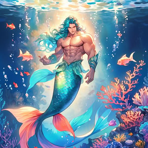 ((best quality)), ((masterpiece)), (detailed), ((perfect face)), male, broad shouldered men, adult, european handsome faces, ((two mermen)), two cheerful mermen are swimming, two merfolks, full bodies, adult, long hair, lean and huge muscular body, finned ears, fins, tail glows slightly with luminous scales, very long mermaid tails, bioluminescent, markings along his body, bright saturated, multicolor, coloring in anime style, interesting seascape, fish, corals, beautiful turquoise clear water, light penetrating through the water, perfect light, anime,watercolor