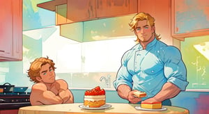 two men (two male), the one man has dark brown long hair, the other man character has short blond hair, blue eyes, they are eating cake, comfortable kitchen, motning, light color predominates, mature, handsome, muscle, mature, muscular, beefy, masculine, charming, alluring, affectionate eyes, lookat viewer, (perfect anatomy), perfect proportions, best quality, white colors, masterpiece, high_resolution, Dutch angle, cowboy shot, kitchen background, watercolor, soft linear, simple colors, no shadows, no shading, black contour line,<lora:659111690174031528:1.0>