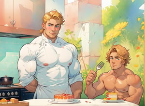 two men (two male), the one man has dark brown long hair, the other man character has short blond hair, blue eyes, they are eating cake, comfortable kitchen, motning, light color predominates, mature, handsome, muscle, mature, muscular, beefy, masculine, charming, alluring, affectionate eyes, lookat viewer, (perfect anatomy), perfect proportions, best quality, white colors, masterpiece, high_resolution, Dutch angle, cowboy shot, kitchen background, watercolor, soft linear, simple colors, no shadows, no shading, black contour line