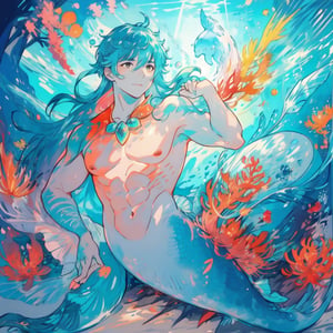 ((best quality)), ((masterpiece)), (detailed), ((perfect face)), male, broad shouldered men, european handsome faces, ((two mermen)), two cheerful mermen are swimming, full bodies, adult, long hair, lean and huge muscular body, finned ears, fins, tail glows slightly with luminous scales, very long mermaid tails, bioluminescent, markings along his body, bright saturated watercolor, multicolor, coloring in anime style, interesting seascape, fish, corals, beautiful turquoise clear water, light penetrating through the water, perfect light,watercolor