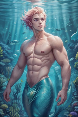 ((best quality)), ((masterpiece)), (detailed),  ((perfect face)), male, sharp eyes, mermen are swimming, merfolks, Sharp teeth, lean and muscular body, Long finned ears, fins, fins on his cheeks, tail glows slightly with luminous scales, bioluminescent markings along his body, has a black mermaid tail, siren_core, red eyes, bioluminescent, markings along his body,watercolor,perfect light,hoshino_aquamarine,<lora:659111690174031528:1.0>