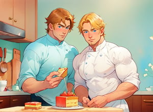 two men (two male), the one man has dark brown long hair, the other man character has short blond hair, blue eyes, they are eating cake, comfortable kitchen, motning, light color predominates, mature, handsome, muscle, mature, muscular, beefy, masculine, charming, alluring, affectionate eyes, lookat viewer, (perfect anatomy), perfect proportions, best quality, white colors, masterpiece, high_resolution, Dutch angle, cowboy shot, kitchen background, watercolor, soft linear, simple colors, no shadows, no shading, black contour line,hoshino_aquamarine