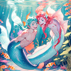 ((best quality)), ((masterpiece)), (detailed), ((perfect face)), male, two cheerful mermen are swimming, two merfolks, adult, long hair, lean and muscular body, finned ears, fins, tail glows slightly with luminous scales, very long mermaid tails, bioluminescent, markings along his body,watercolor, multicolor, perfect light