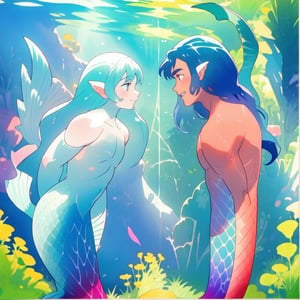 ((best quality)), ((masterpiece)), (detailed), ((perfect face)), male, two cheerful mermen are swimming, two merfolks, adult, long hair, lean and muscular body, finned ears, fins, tail glows slightly with luminous scales, very long mermaid tails, bioluminescent, markings along his body,watercolor, multicolor, perfect light,,,<lora:659111690174031528:1.0>