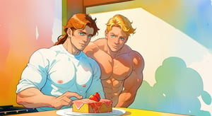 two men (two male), the one man has dark brown long hair, the other man character has short blond hair, blue eyes, they are eating cake, comfortable kitchen, motning, light color predominates, mature, handsome, muscle, mature, muscular, beefy, masculine, charming, alluring, affectionate eyes, lookat viewer, (perfect anatomy), perfect proportions, best quality, white colors, masterpiece, high_resolution, Dutch angle, cowboy shot, kitchen background, watercolor, soft linear, simple colors, no shadows, no shading, black contour line