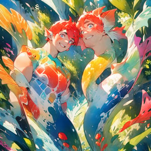  ((best quality)), ((masterpiece)), (detailed), ((perfect face)), male, two happy mermen are swimming, two merfolks, adult, long hair, lean and muscular body, finned ears, fins, tail glows slightly with luminous scales, very long mermaid tails, bioluminescent, markings along his body,watercolor, multicolor, perfect light,Pectoral Focus